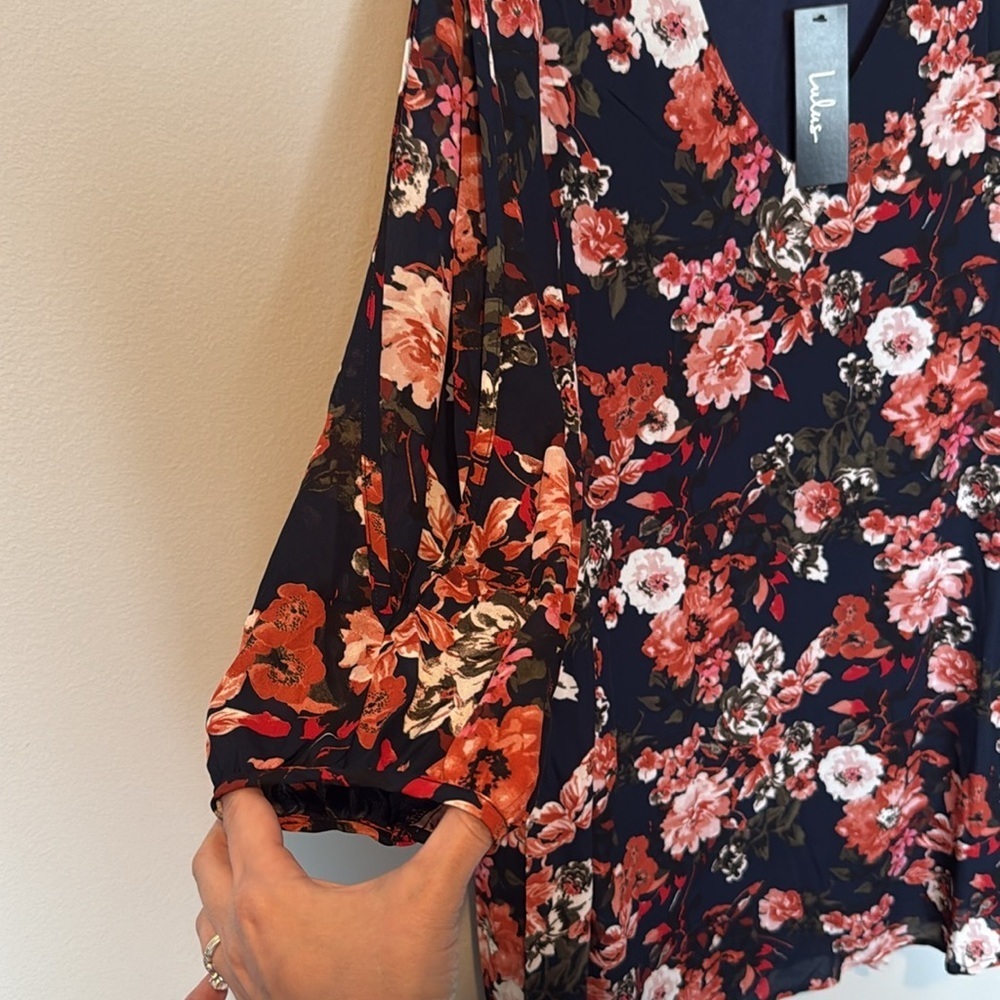 Lulus Shifting Dears Navy Floral Cold Shoulder Long Sleeve Dress Women Large NEW - Picture 5 of 10
